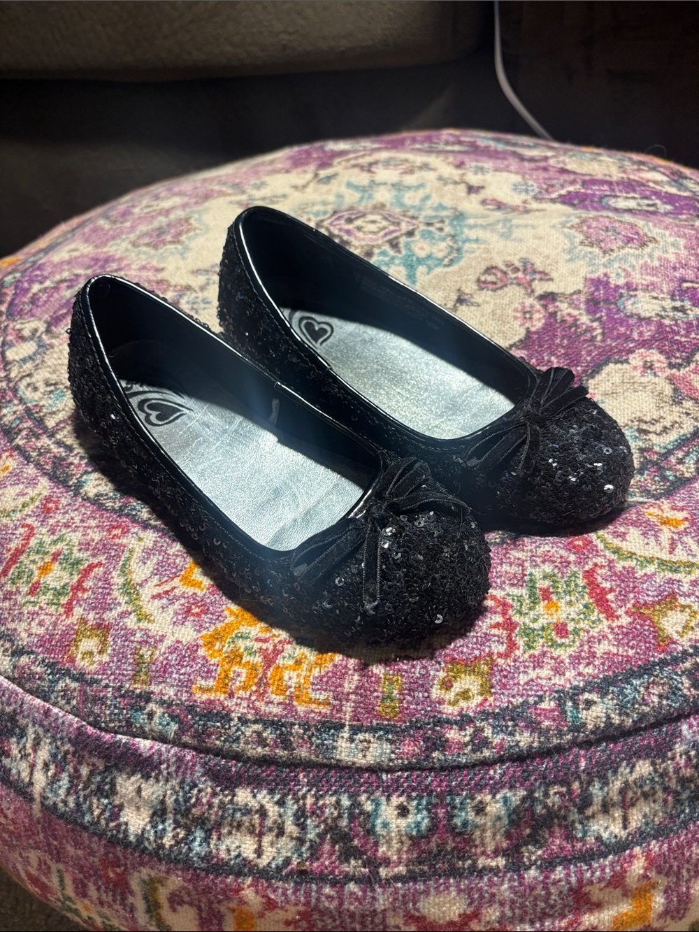 Children’s Place Girls Black Sequin Ballet Flats with Bow, Size 13